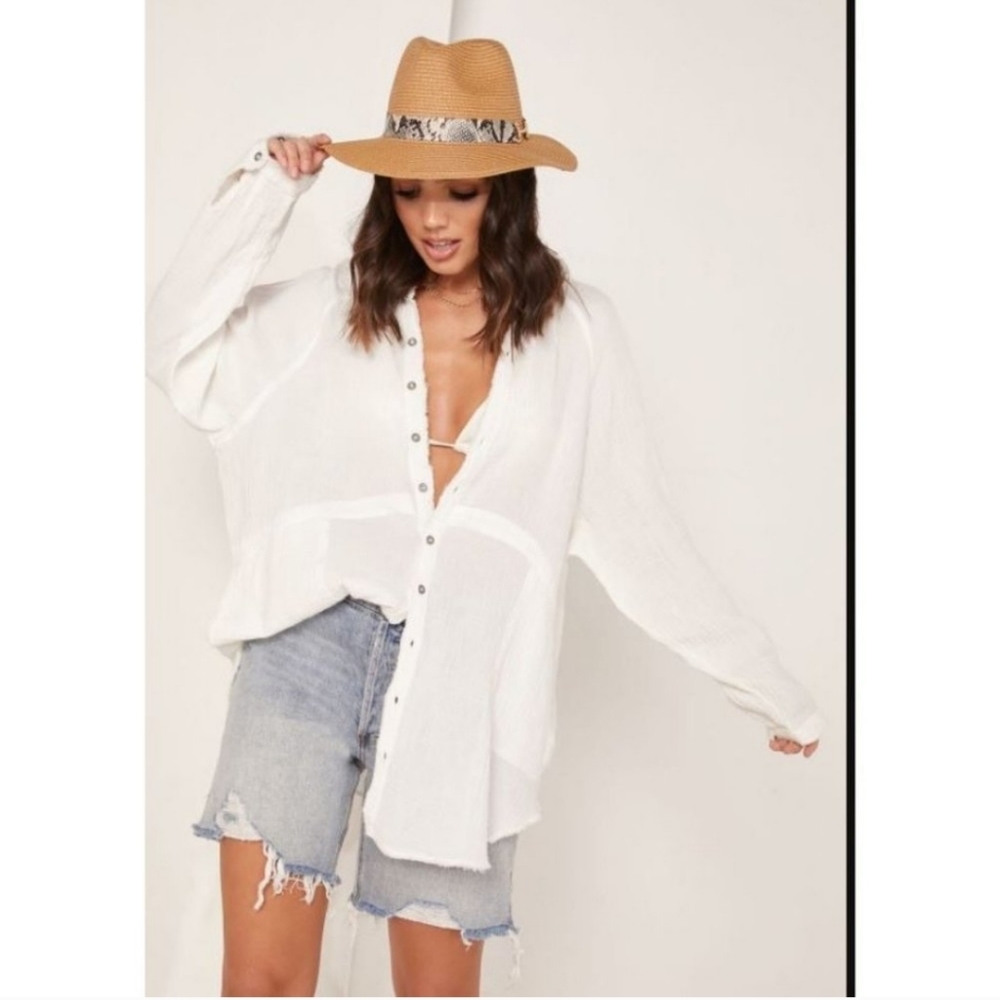 Free People White Cotton Button-down Summer Daydream Oversized Top w/Pockets L